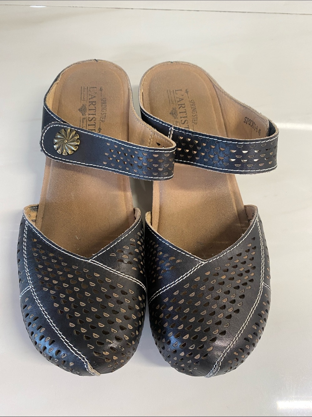 L'ATISTE Black Perforated Leather Mules with Ankle Strap